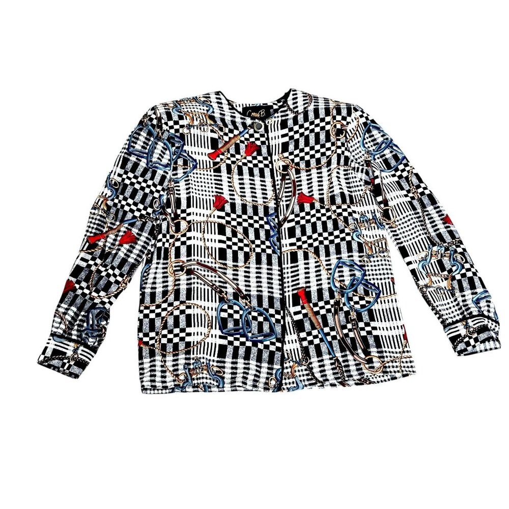 Vintage Corey B. 100% Silk Equestrian Blouse Black/White Checkered Women 8